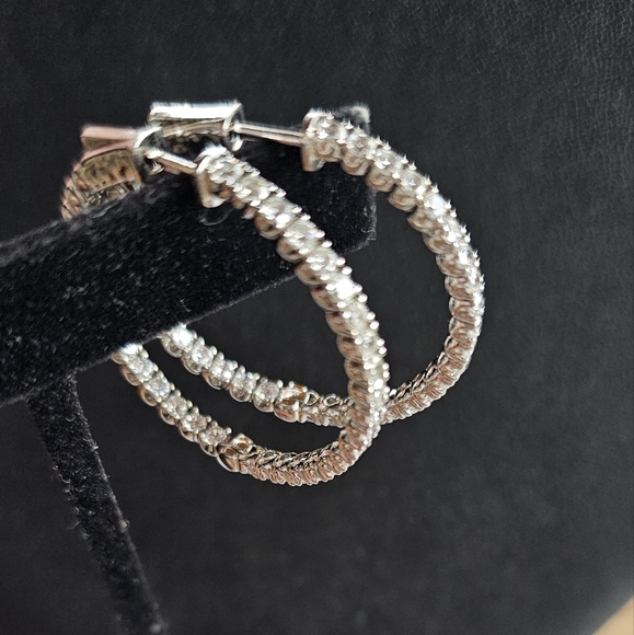 Sterling Silver Rhodium-plated CZ In and Out Hinged Hoop Earrings - Picture 2 of 6